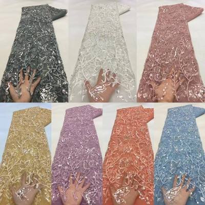 ผ้าลูกไม้งานแต่งงานสีสันสดใสผีเสื้อ 3D ลูกปัดปักด้วยหลา