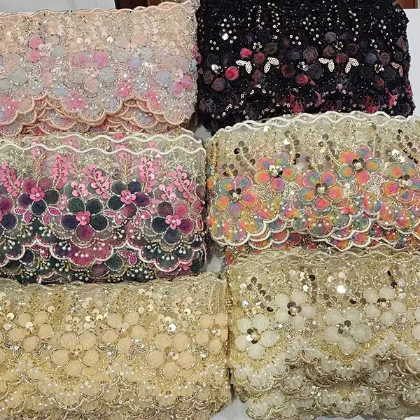 ลูกไม้ปักหลากสีพร้อมดอกไม้ตาข่าย 3 มิติริบบิ้นลูกปัดหลอดลูกไม้ปักบาร์โค้ด